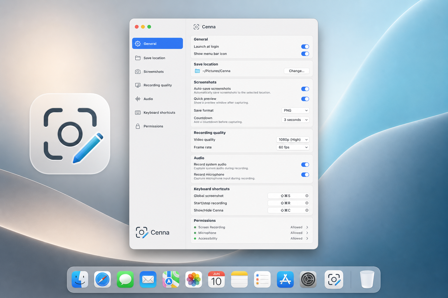 Cenna settings and capture workflow